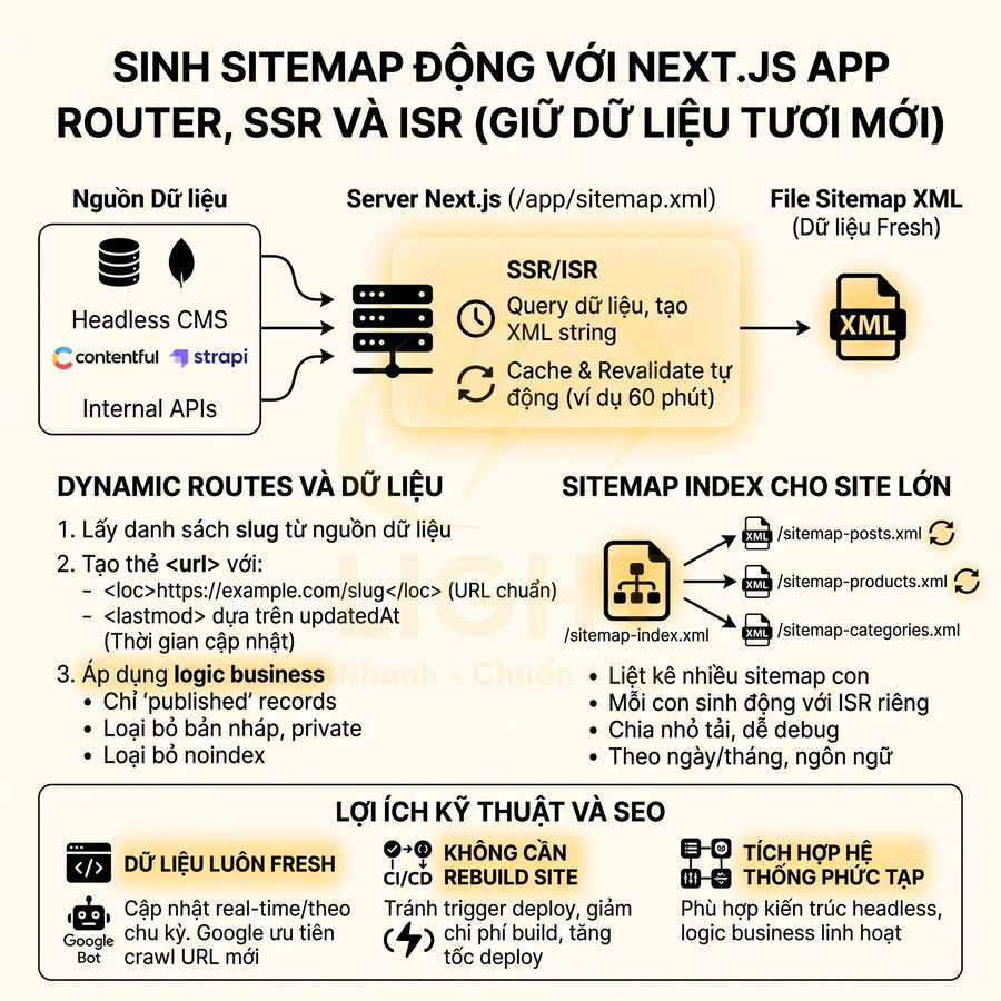 Sơ đồ quy trình sinh sitemap động với Next.js App Router, SSR, ISR từ CMS và API, tối ưu SEO và dữ liệu luôn tươi mới