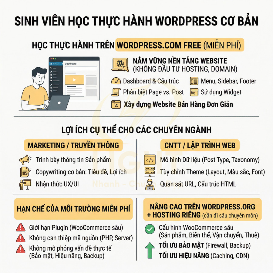 Infographic khóa học thực hành WordPress cơ bản cho sinh viên, hướng dẫn dùng WordPress.com miễn phí và nâng cao với hosting riêng