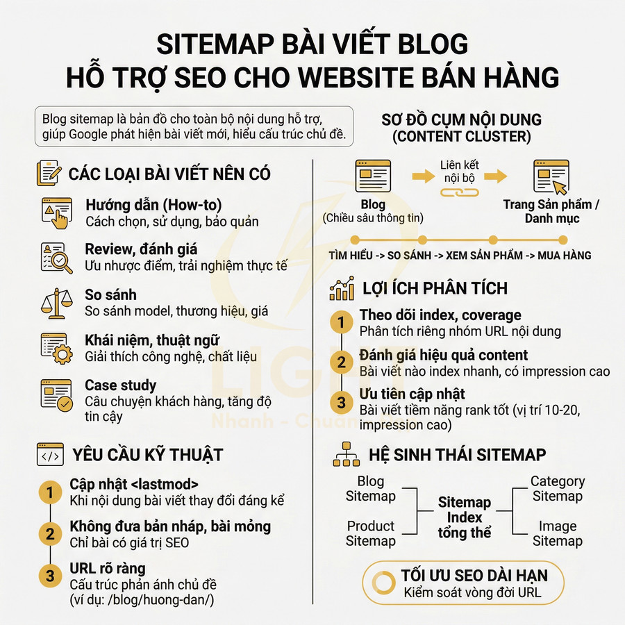 Infographic sitemap bài viết blog hỗ trợ SEO cho website bán hàng với các loại bài viết và yêu cầu kỹ thuật