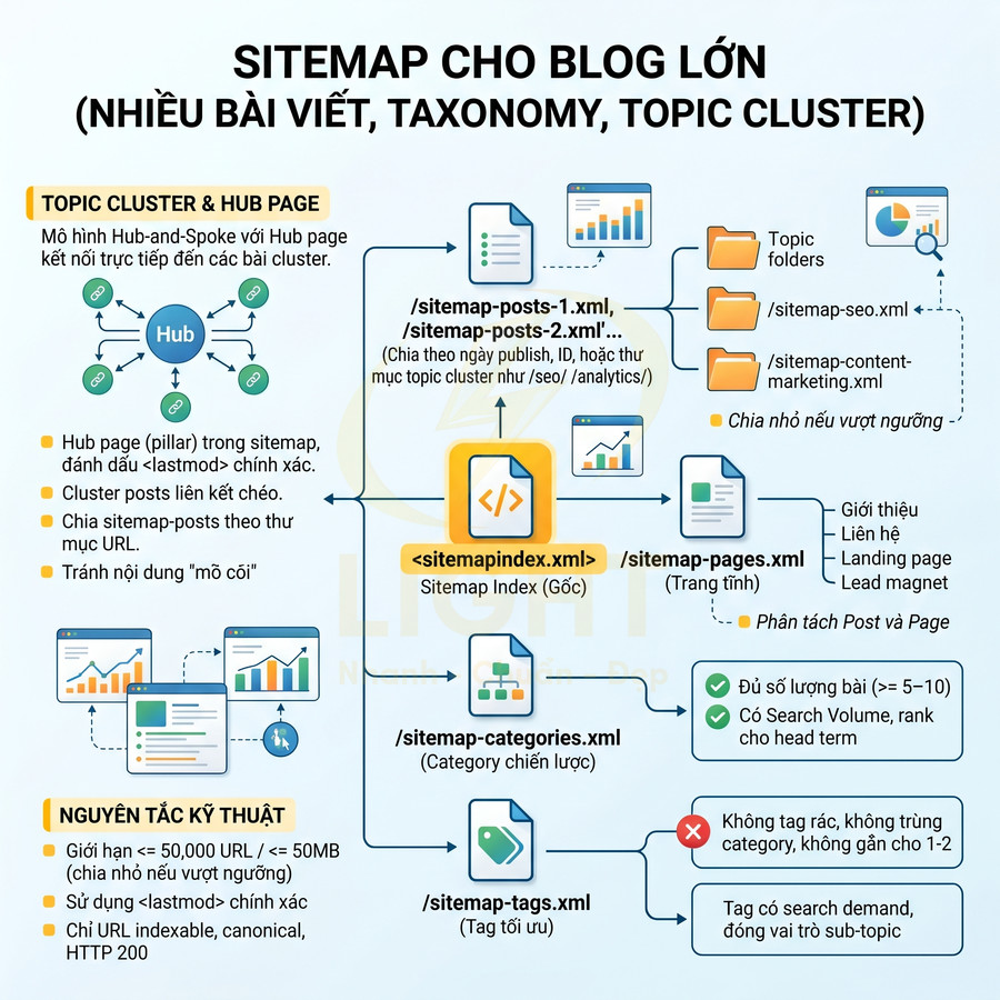Sơ đồ sitemap cho blog lớn với sitemapindex, posts, pages, categories và tags tối ưu SEO