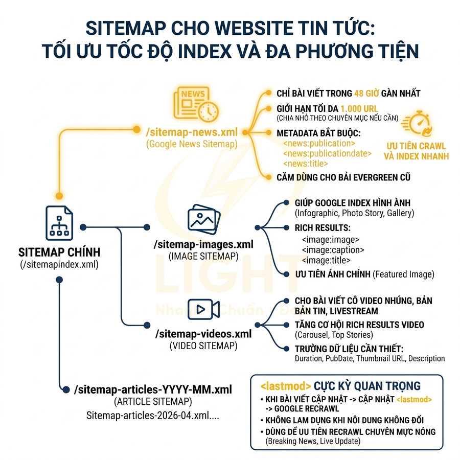 Sơ đồ sitemap cho website tin tức tối ưu tốc độ index với sitemap chính, news, images, videos và articles