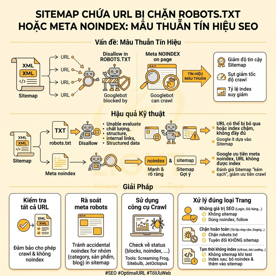 Infographic giải thích lỗi sitemap chứa URL bị chặn robots.txt hoặc meta noindex và các giải pháp tối ưu SEO
