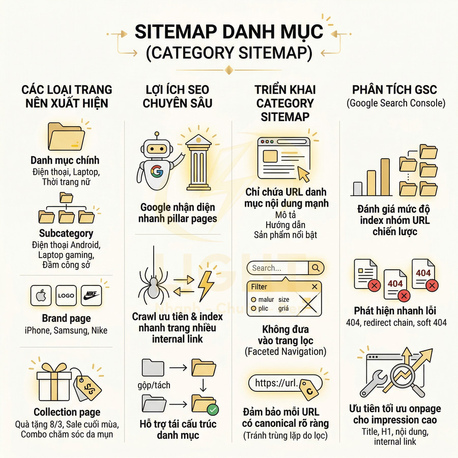 Infographic sitemap danh mục SEO giải thích loại trang, lợi ích, cách triển khai category sitemap và phân tích Google Search Console