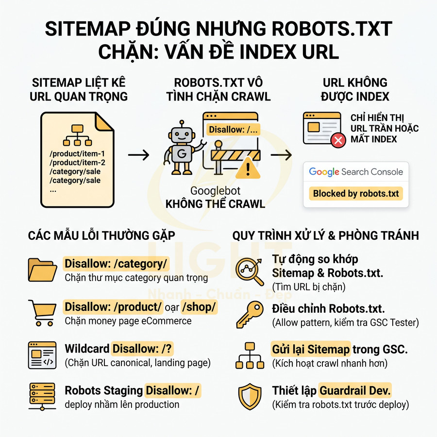 Hướng dẫn xử lý lỗi robots.txt chặn URL trong sitemap để tối ưu index trên Google Search Console