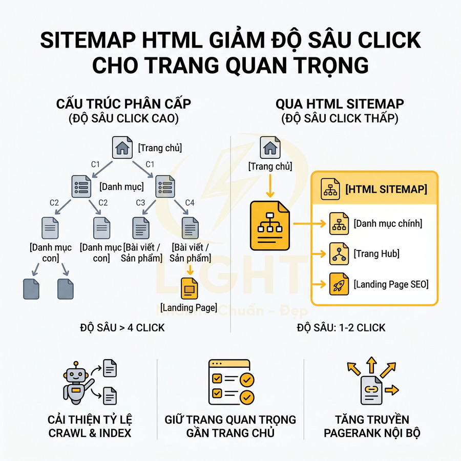 Sơ đồ so sánh cấu trúc website phân cấp và HTML sitemap giúp giảm độ sâu click và cải thiện SEO