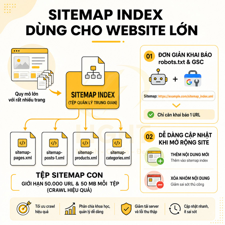 Minh họa sitemap index cho website lớn với các tệp sitemap con pages, posts, products, categories và lợi ích SEO