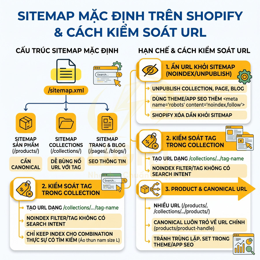 Hướng dẫn cấu trúc sitemap mặc định trên Shopify và cách kiểm soát URL, canonical và tag cho SEO