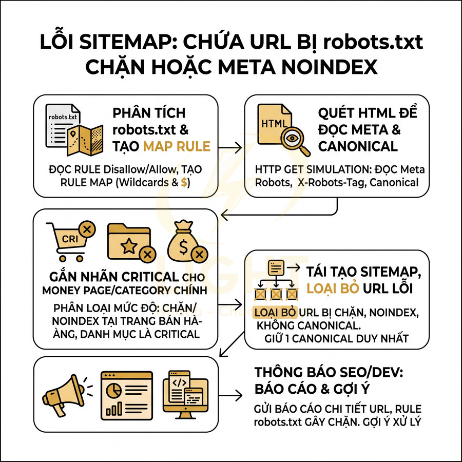 Quy trình xử lý sitemap chứa URL bị chặn robots.txt hoặc meta noindex và tự động sửa lỗi SEO