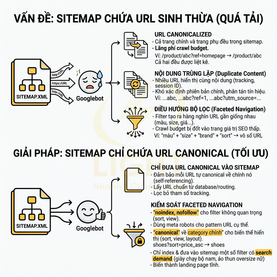 Infographic hướng dẫn tối ưu sitemap chỉ chứa URL canonical để tránh nội dung trùng lặp và lãng phí crawl budget