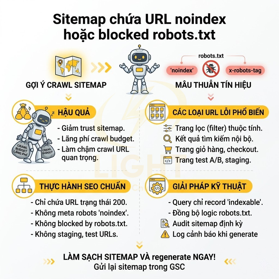 Infographic SEO giải thích lỗi sitemap chứa URL noindex hoặc blocked robots.txt và hướng dẫn cách tối ưu crawl budget