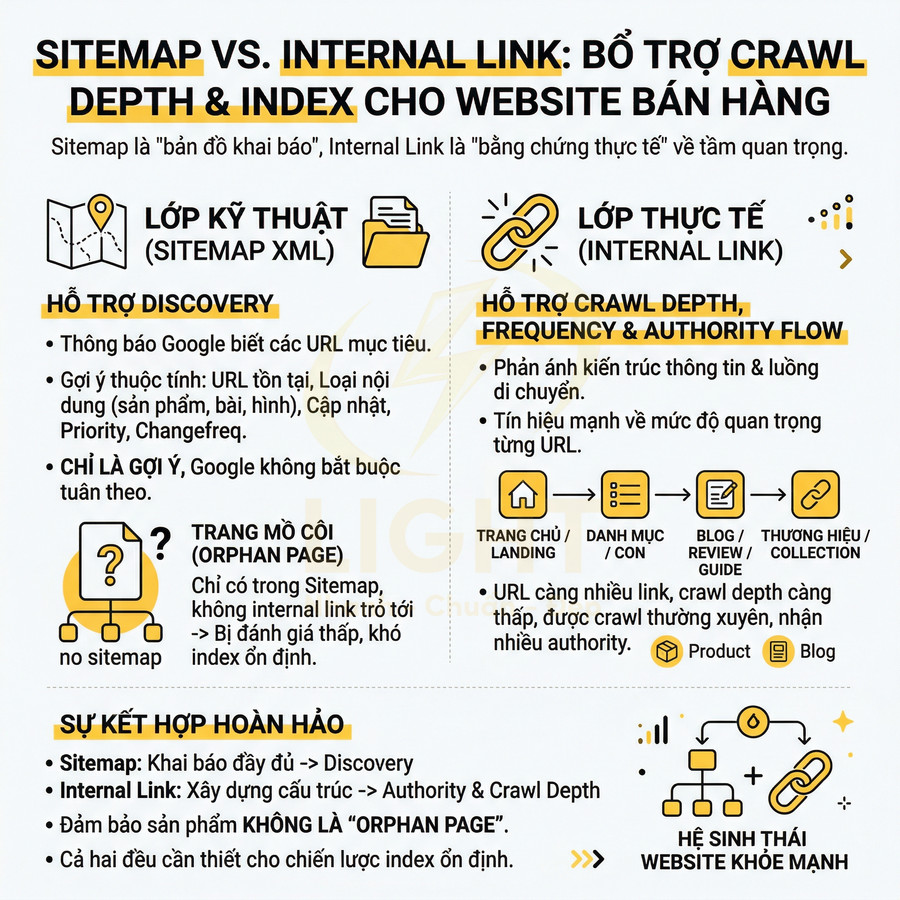 Infographic so sánh sitemap và internal link trong SEO, giải thích cách hỗ trợ crawl depth và index cho website bán hàng
