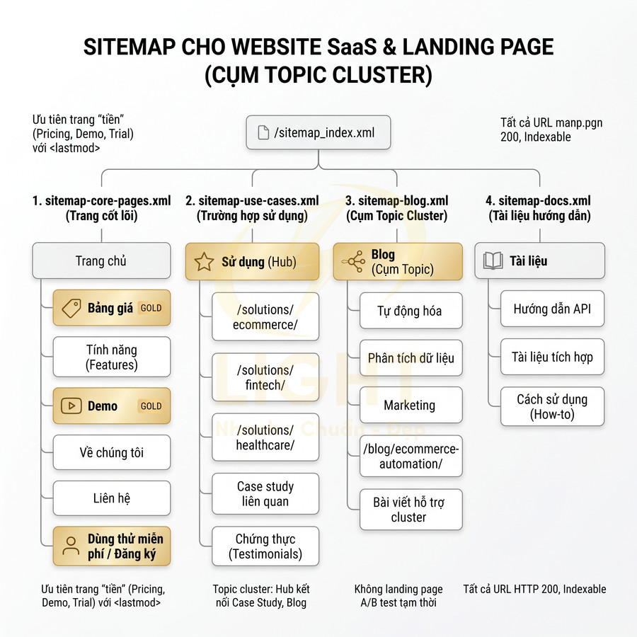 Sơ đồ sitemap cho website SaaS và landing page theo hành trình khách hàng và cụm topic cluster