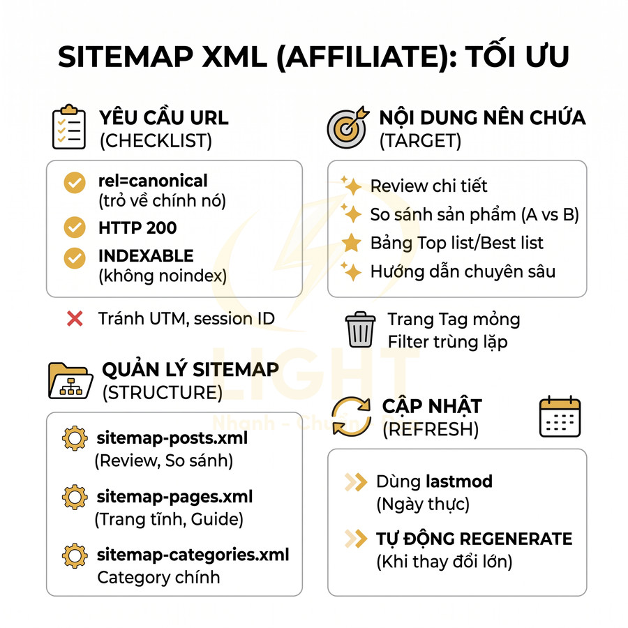 Hướng dẫn tối ưu sitemap XML cho website affiliate với yêu cầu URL, nội dung, cấu trúc và cập nhật