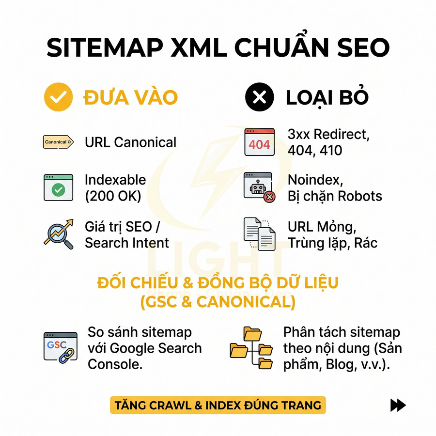 Hướng dẫn tạo sitemap XML chuẩn SEO với URL canonical, trang indexable và loại bỏ redirect, noindex, URL mỏng