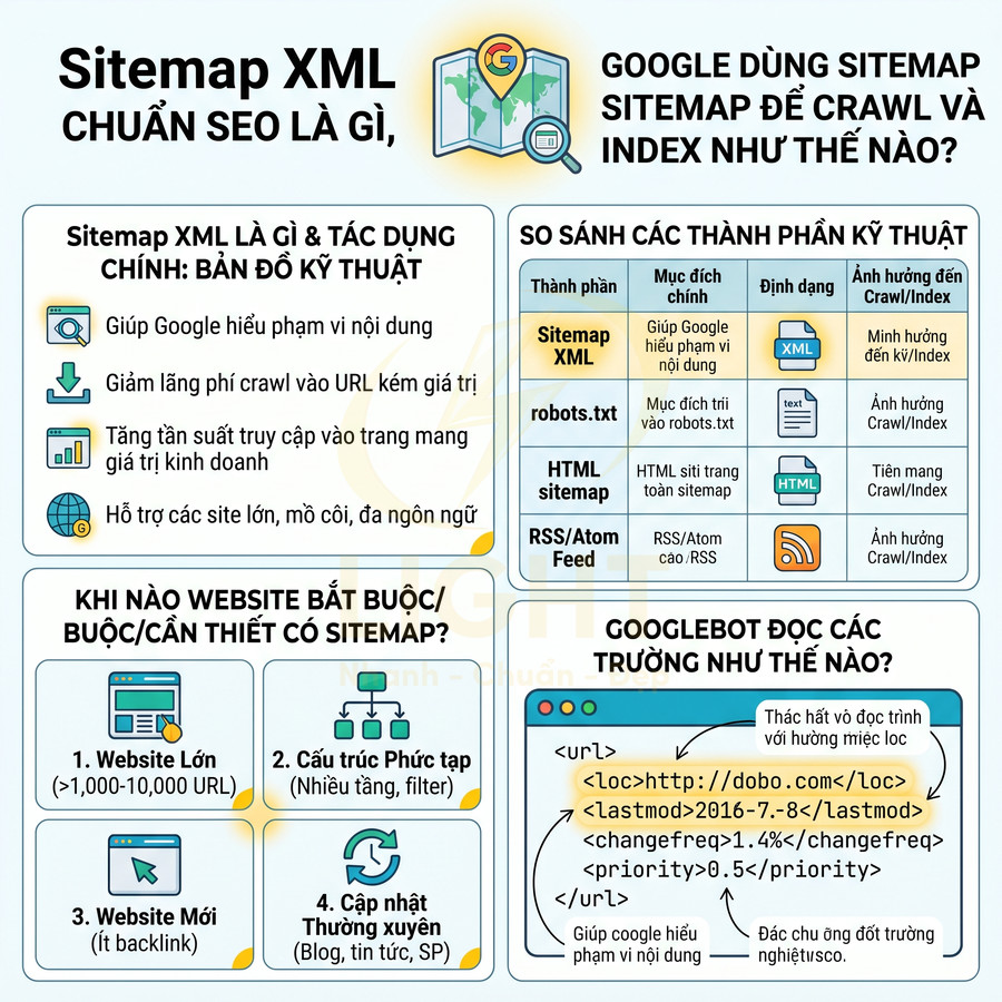 Hướng dẫn Sitemap XML chuẩn SEO, giải thích tác dụng, khi cần dùng và cách Googlebot crawl index website