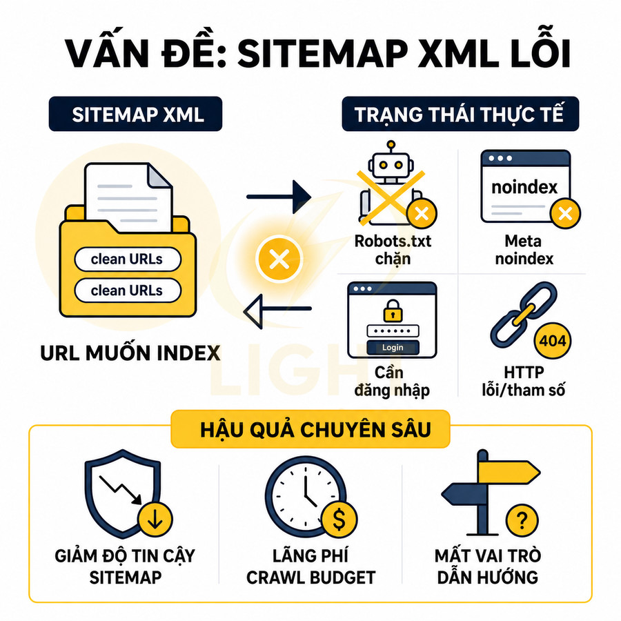 Minh họa các lỗi sitemap XML như robots.txt chặn, meta noindex, yêu cầu đăng nhập, lỗi HTTP và hậu quả SEO