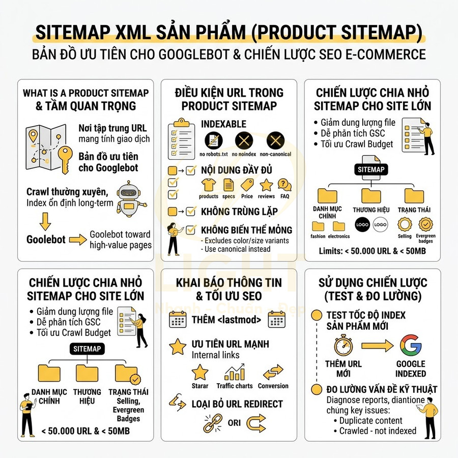 Infographic hướng dẫn tối ưu sitemap XML sản phẩm cho SEO e commerce với chiến lược chia nhỏ và ưu tiên URL