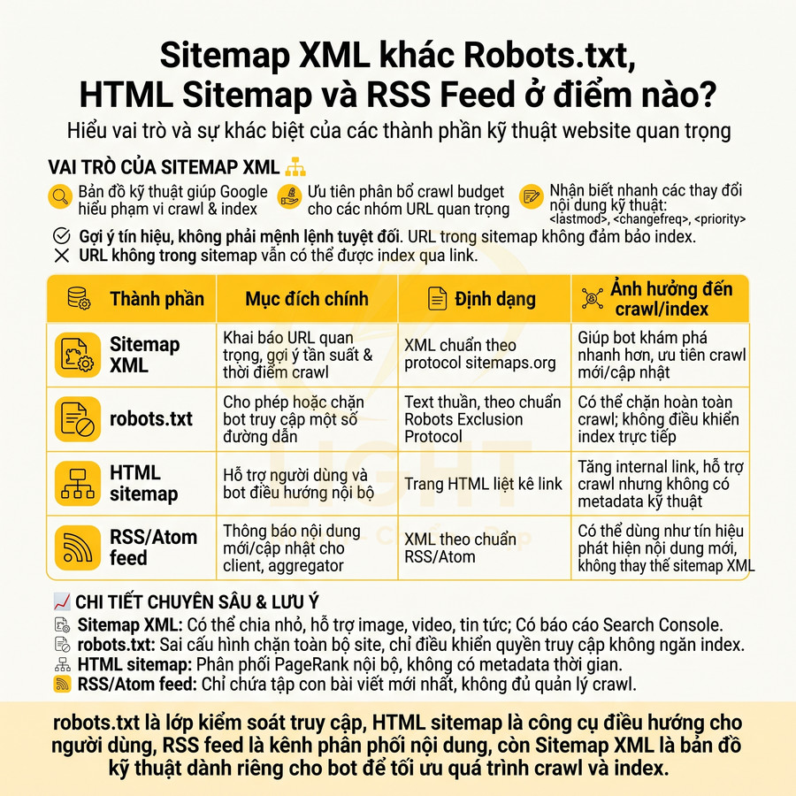 Bảng so sánh Sitemap XML, robots.txt, HTML sitemap và RSS Feed trong SEO kỹ thuật website