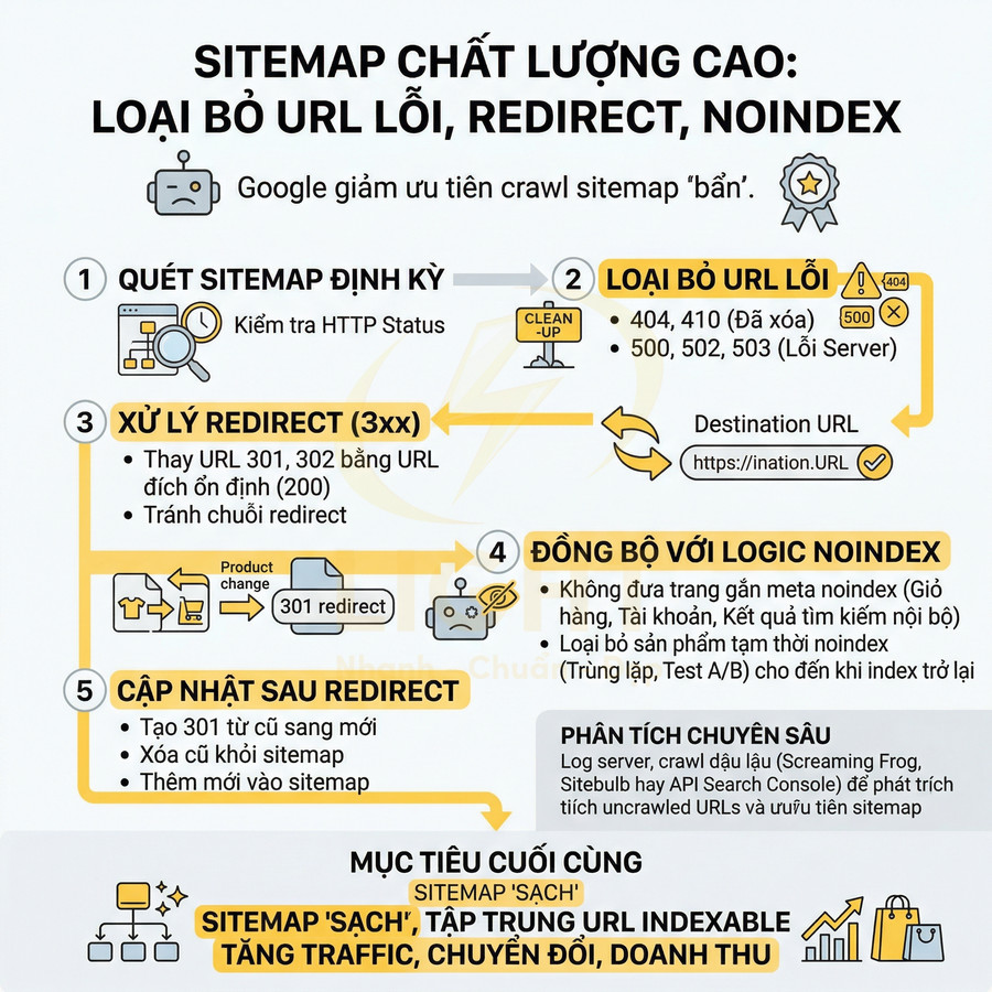 Infographic hướng dẫn tối ưu sitemap chất lượng cao bằng cách loại bỏ URL lỗi, xử lý redirect và đồng bộ noindex