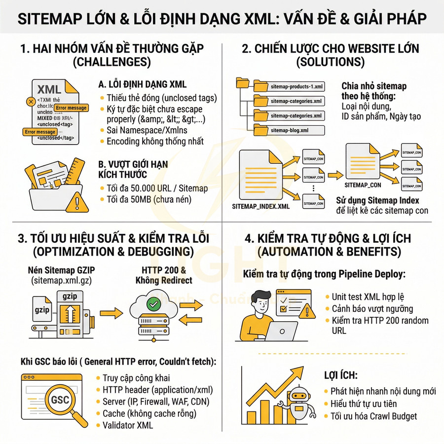 Infographic hướng dẫn xử lý sitemap XML lớn, tối ưu định dạng, chia nhỏ sitemap và tự động kiểm tra lỗi SEO