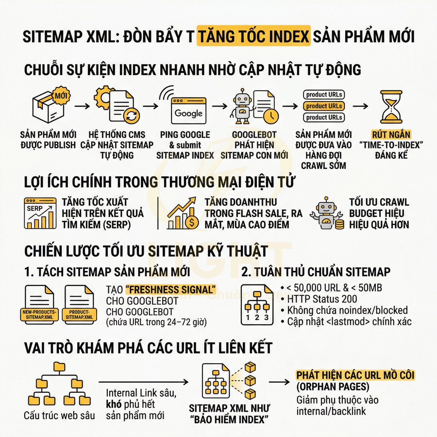 Infographic hướng dẫn dùng sitemap XML tăng tốc index sản phẩm mới cho website thương mại điện tử
