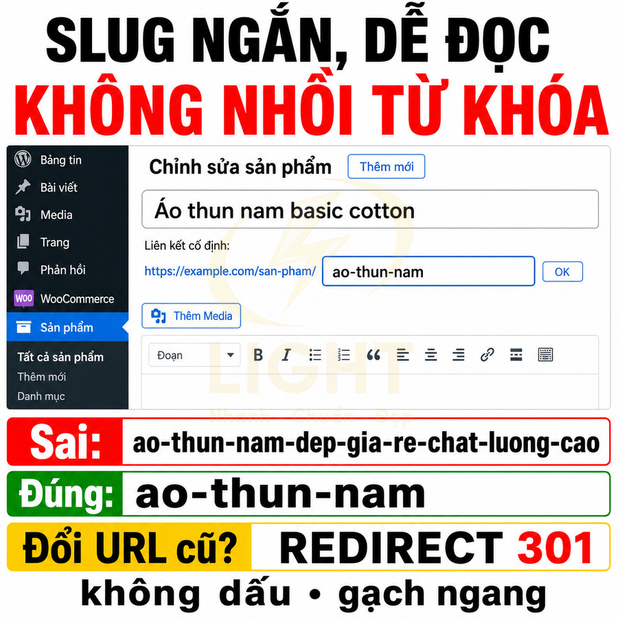Hướng dẫn tạo slug sản phẩm áo thun nam ngắn gọn dễ đọc trong giao diện chỉnh sửa WooCommerce