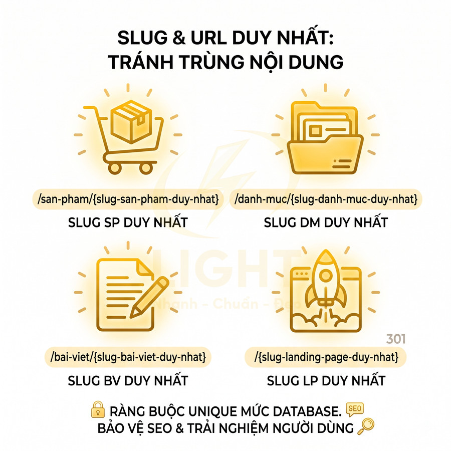 Minh họa cấu trúc slug và URL duy nhất cho sản phẩm, danh mục, bài viết, landing page để tránh trùng nội dung SEO