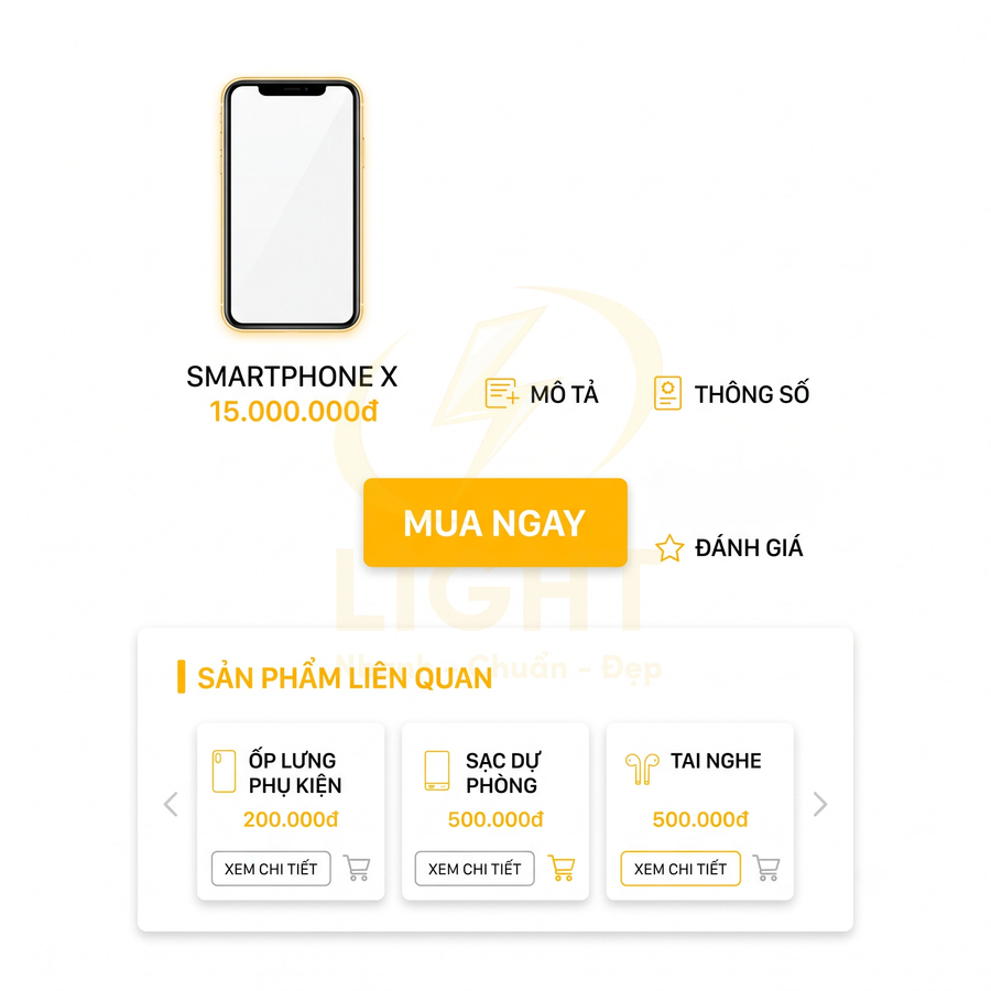 Giao diện bán hàng smartphone X màu vàng và phụ kiện ốp lưng sạc dự phòng tai nghe giá niêm yết