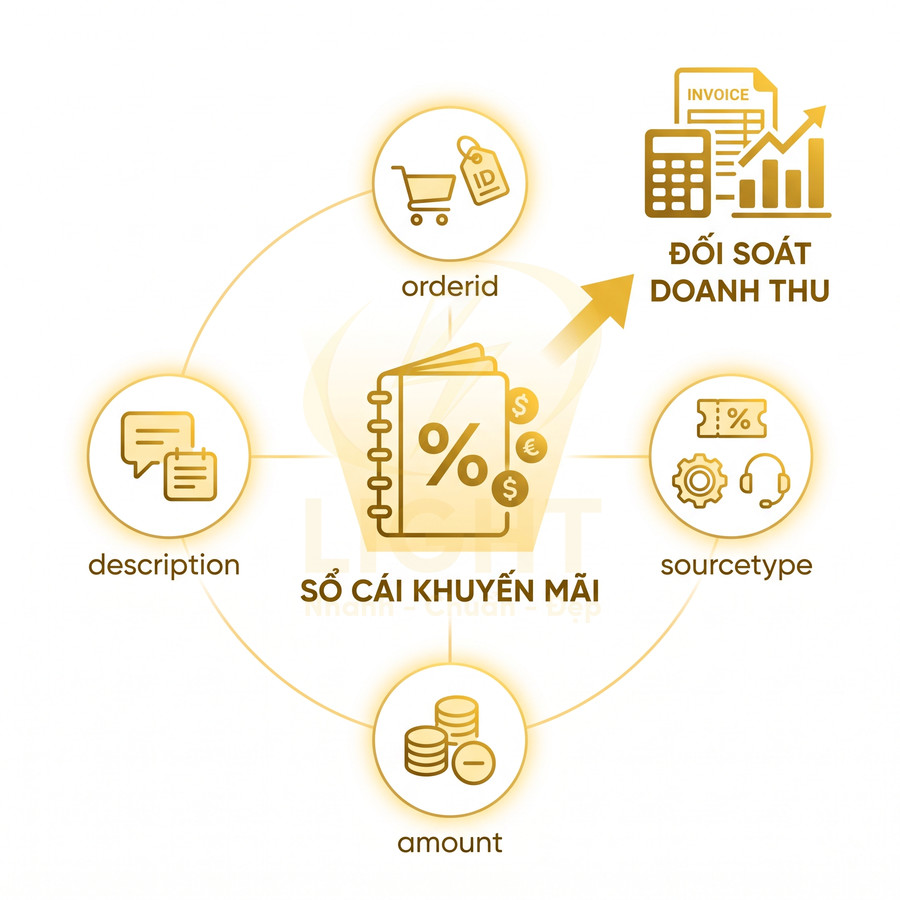 Sơ đồ sổ cái khuyến mãi với các trường orderid description amount sourcetype và đối soát doanh thu