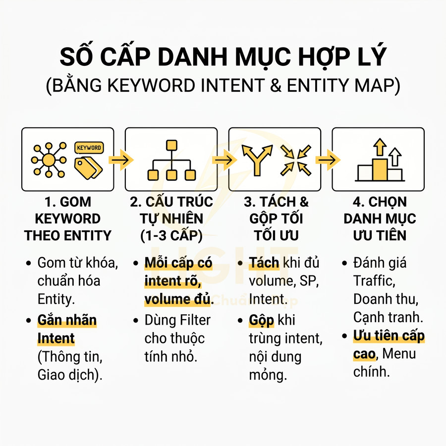 Quy trình tối ưu số cấp danh mục website bằng keyword intent và entity map trong SEO