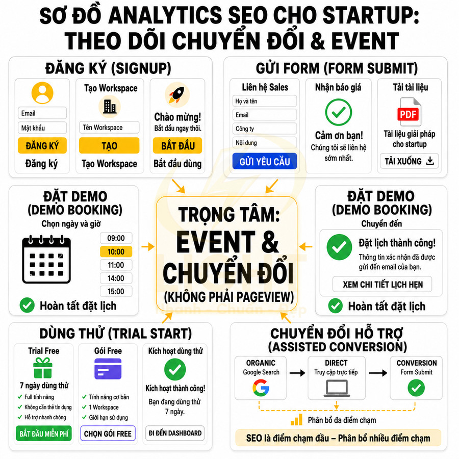Sơ đồ analytics SEO cho startup tập trung theo dõi event và chuyển đổi như đăng ký, gửi form, đặt demo, dùng thử
