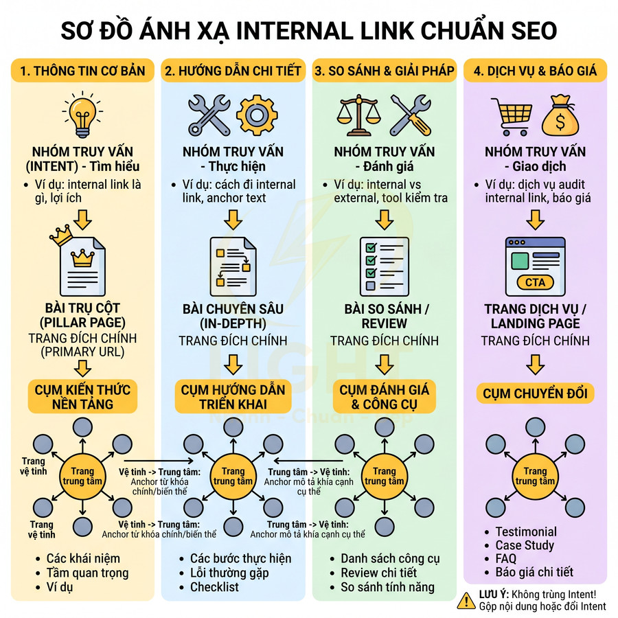 Sơ đồ ánh xạ internal link chuẩn SEO với 4 nhóm truy vấn và các loại trang nội dung liên kết