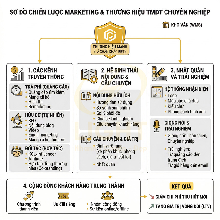 Sơ đồ chiến lược marketing và xây dựng thương hiệu TMĐT chuyên nghiệp với các bước và kết quả cuối cùng