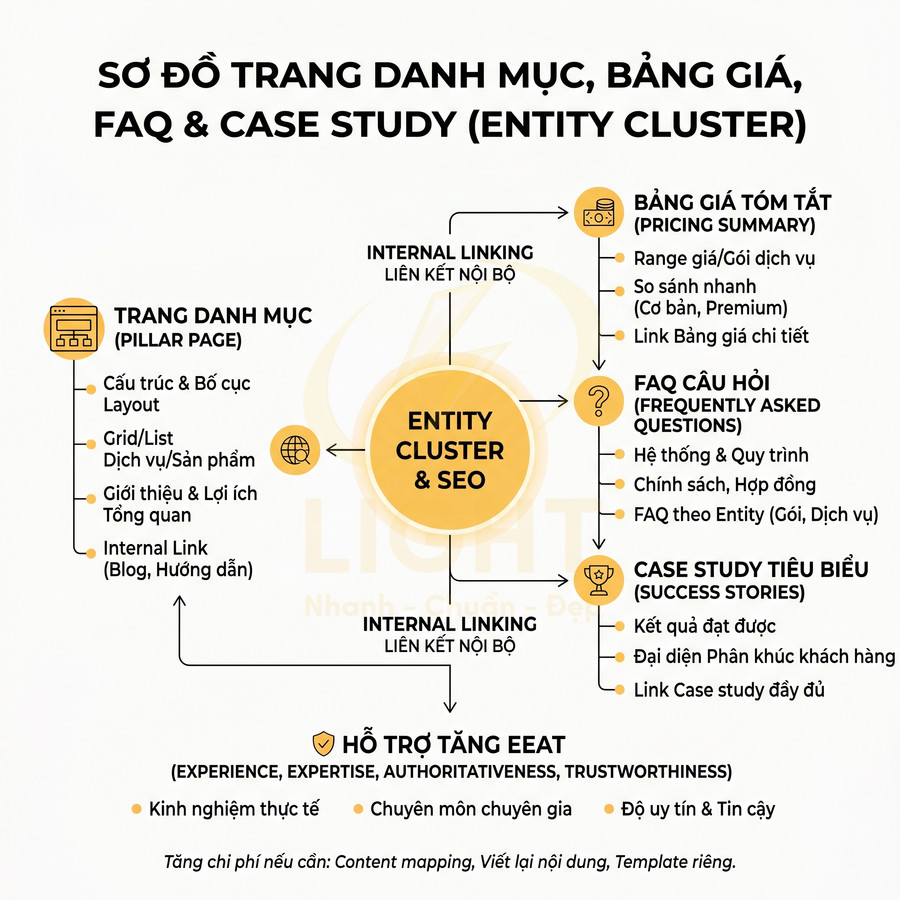 Sơ đồ entity cluster SEO cho trang danh mục, bảng giá, FAQ và case study, tối ưu internal link và tăng E-E-A-T