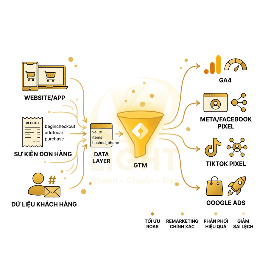 Sơ đồ GTM thu thập dữ liệu website và khách hàng, đẩy sang GA4, Meta Pixel, TikTok Pixel và Google Ads để tối ưu quảng cáo