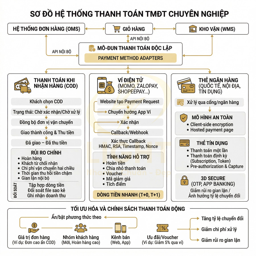 Sơ đồ hệ thống thanh toán thương mại điện tử chuyên nghiệp với mô đun thanh toán độc lập và nhiều phương thức trả tiền