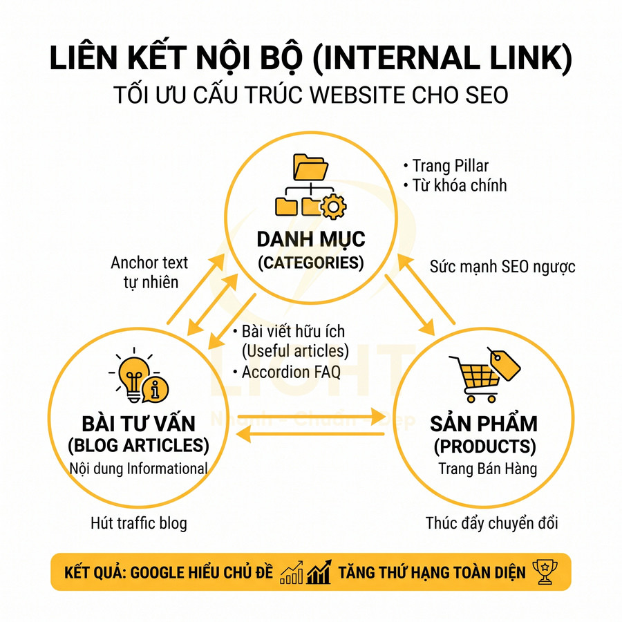 Sơ đồ liên kết nội bộ tối ưu SEO giữa danh mục bài tư vấn và trang sản phẩm trên website