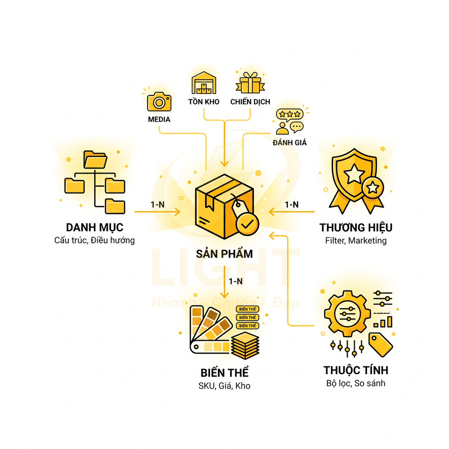 Sơ đồ quản lý sản phẩm ecommerce với danh mục, thương hiệu, biến thể, thuộc tính, tồn kho, media, chiến dịch và đánh giá