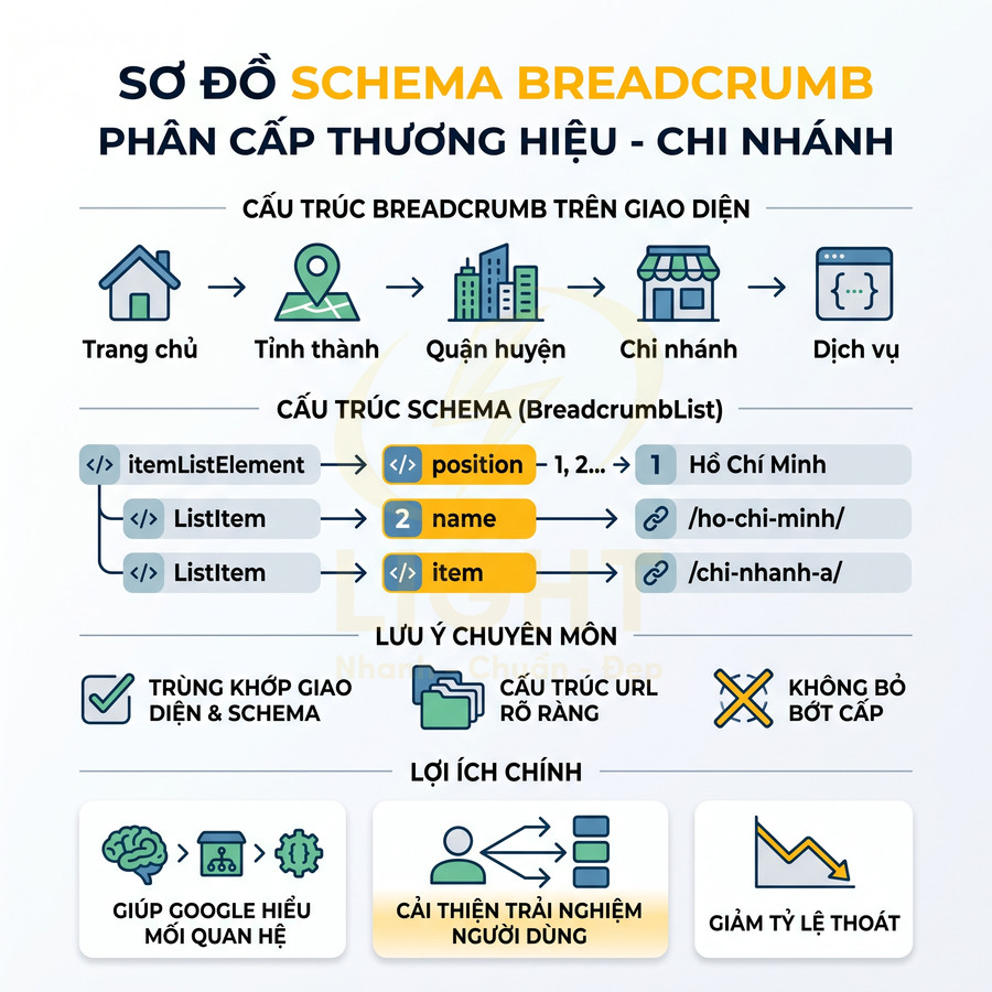 Sơ đồ schema breadcrumb phân cấp thương hiệu chi nhánh, cấu trúc URL rõ ràng giúp Google hiểu và cải thiện trải nghiệm người dùng