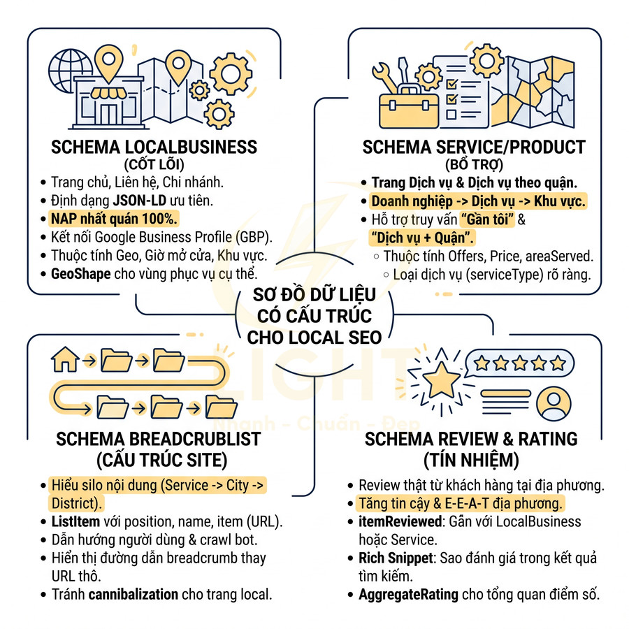 Sơ đồ các loại schema LocalBusiness, Service, BreadcrumbList, Review Rating tối ưu dữ liệu có cấu trúc cho Local SEO