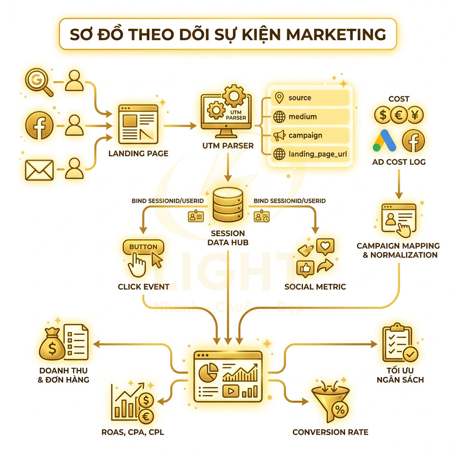 Sơ đồ quy trình theo dõi sự kiện marketing từ landing page, UTM, chi phí quảng cáo đến doanh thu và tối ưu ngân sách