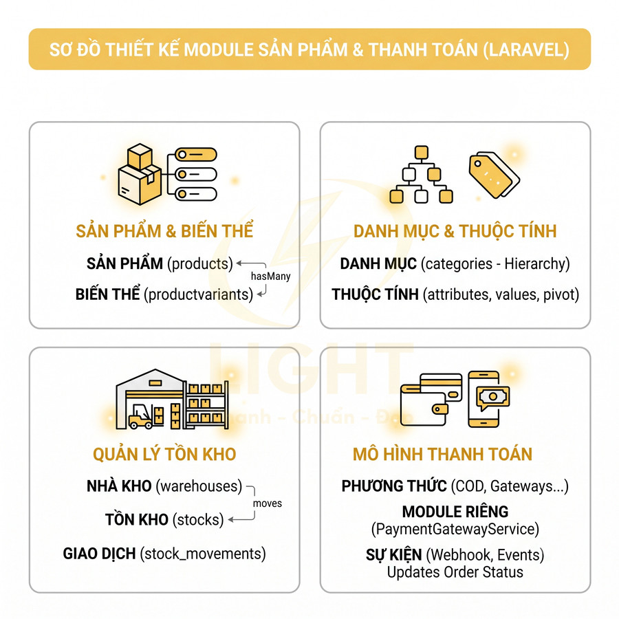 Sơ đồ thiết kế module sản phẩm, tồn kho, danh mục và thanh toán trong Laravel cho website bán hàng