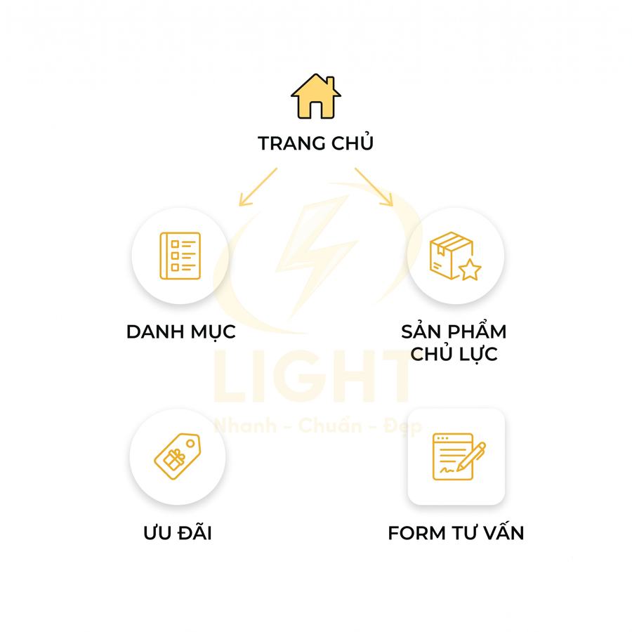 Sơ đồ trang chủ website với các mục danh mục sản phẩm, sản phẩm chủ lực, ưu đãi và form tư vấn