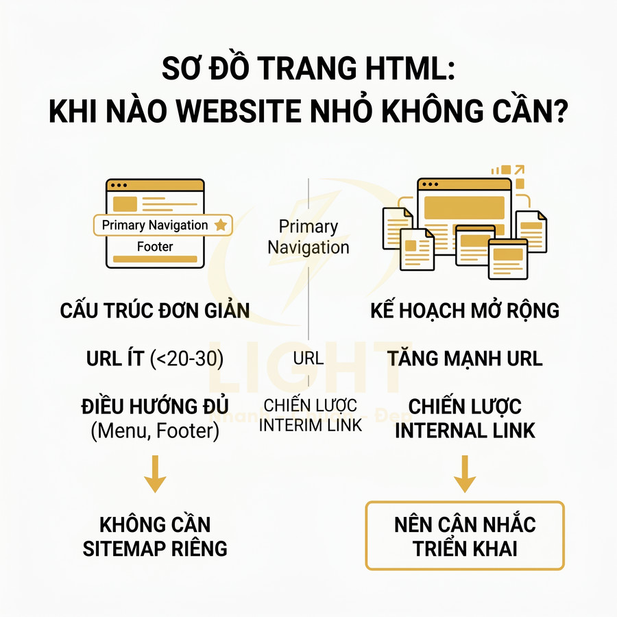 Sơ đồ hướng dẫn khi website nhỏ không cần sitemap HTML và khi nên triển khai sitemap cho kế hoạch mở rộng