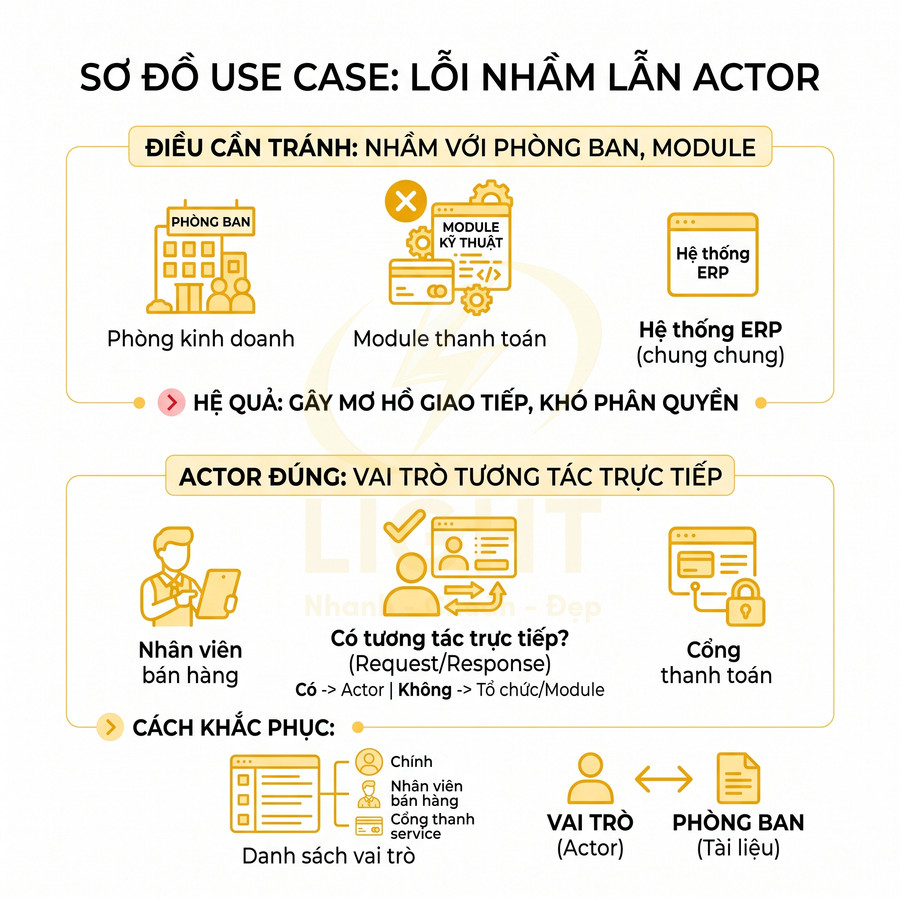 Sơ đồ use case minh họa lỗi nhầm lẫn actor với phòng ban và module, cách xác định đúng vai trò tương tác trực tiếp