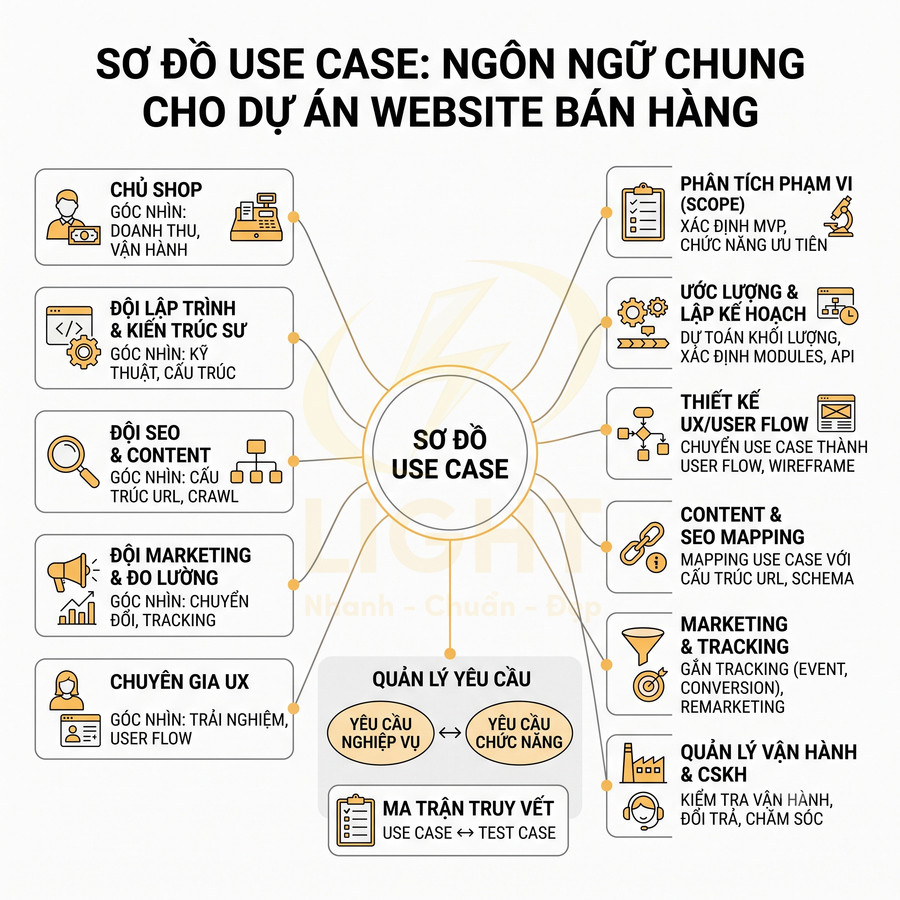 Sơ đồ use case cho dự án website bán hàng, mô tả vai trò các đội và quy trình phân tích, thiết kế, SEO, marketing