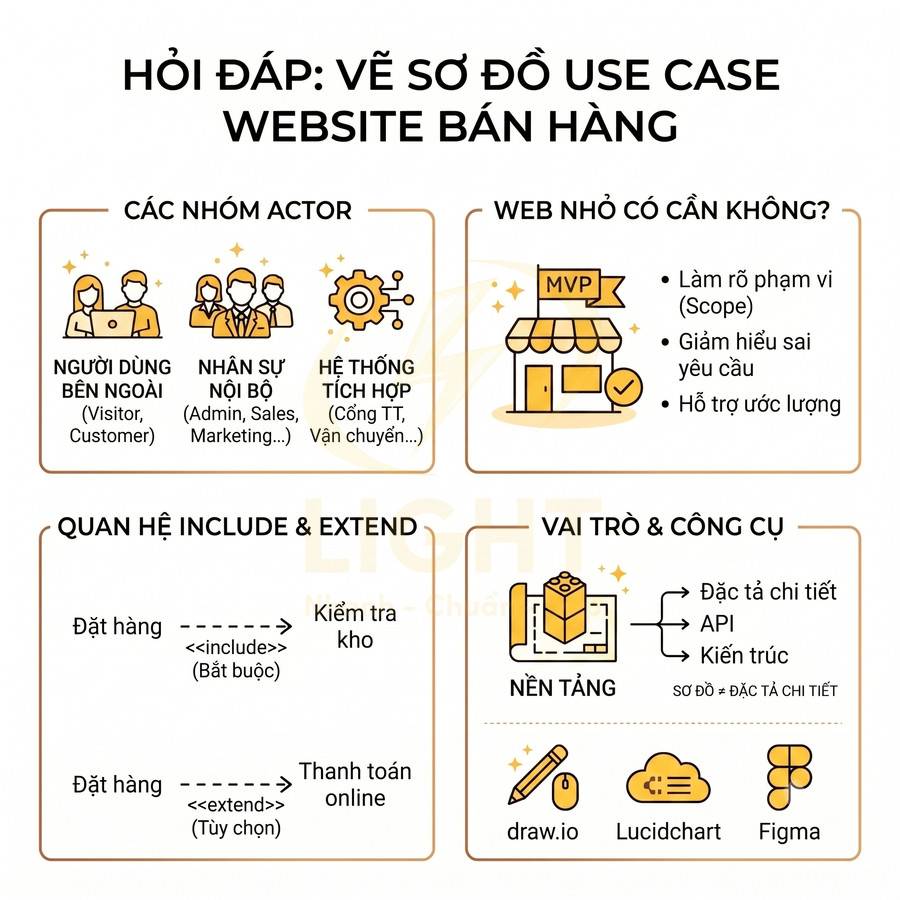 Sơ đồ use case website bán hàng với nhóm actor, quan hệ include extend và công cụ vẽ như draw.io Lucidchart Figma