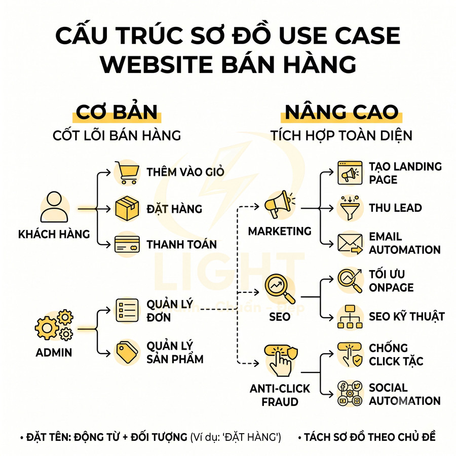 Sơ đồ use case website bán hàng với quy trình khách hàng, admin và các chức năng marketing nâng cao