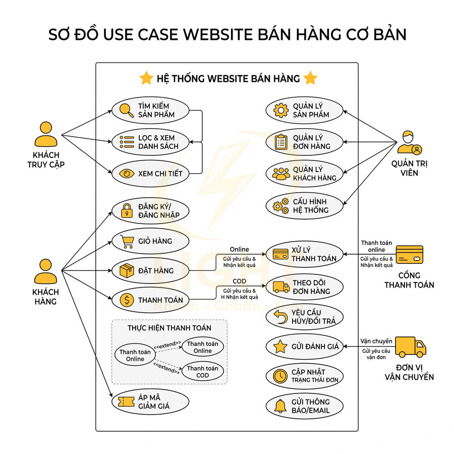 Sơ đồ use case hệ thống website bán hàng cơ bản với luồng khách hàng và quản trị viên