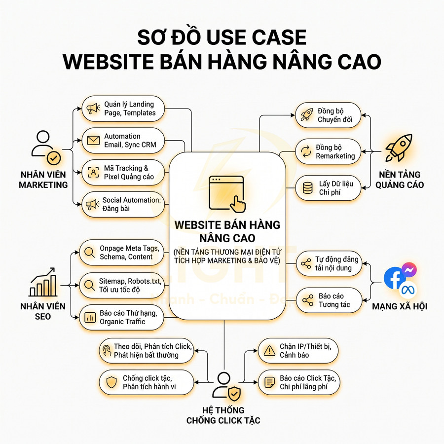 Sơ đồ use case website bán hàng nâng cao tích hợp marketing, quảng cáo, mạng xã hội và hệ thống chống click tặc